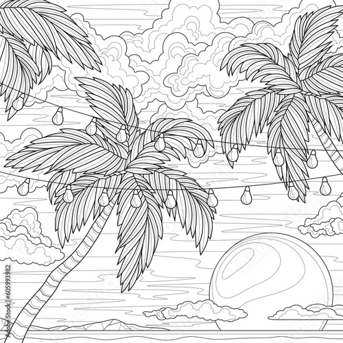 Palm trees and sunset.Coloring pages  antistress for children and adults. Illustration isolated on white background.Zen-tangle style. Hand draw