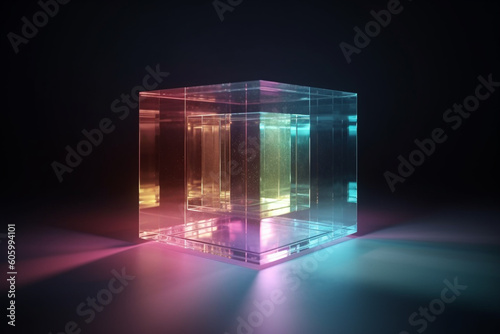 Transparent glass cube illuminated with light and reflects colorful light. Glass cube geometric shapes with light diffraction of spectrum colors and complex reflection background. Generative AI