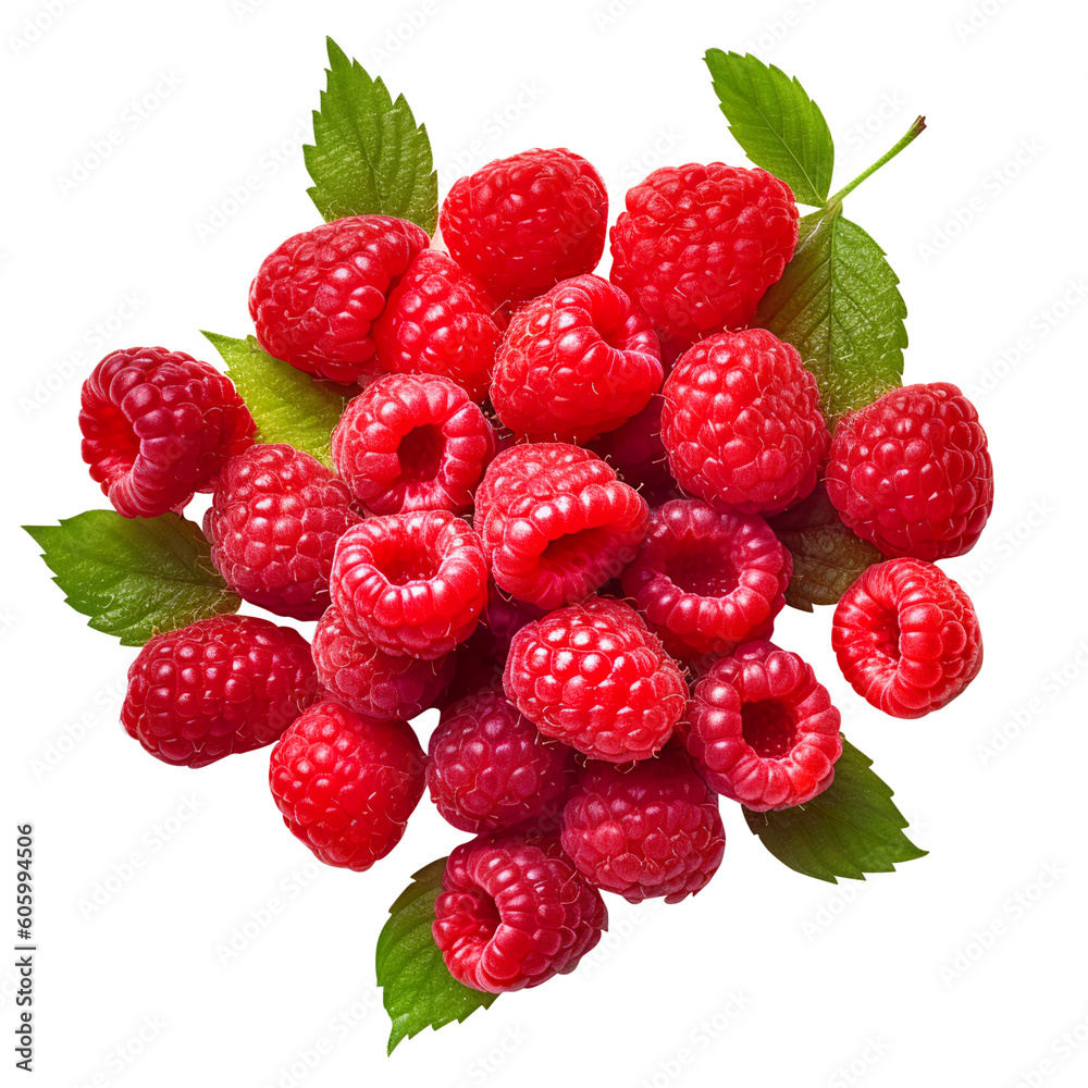 Ripe red raspberry with leaf isolated PNG Transparent background created with Generative AI, Clipping Path Ripe red raspberry with leaf isolated PNG Transparent background created with Generative AI, Clipping Path