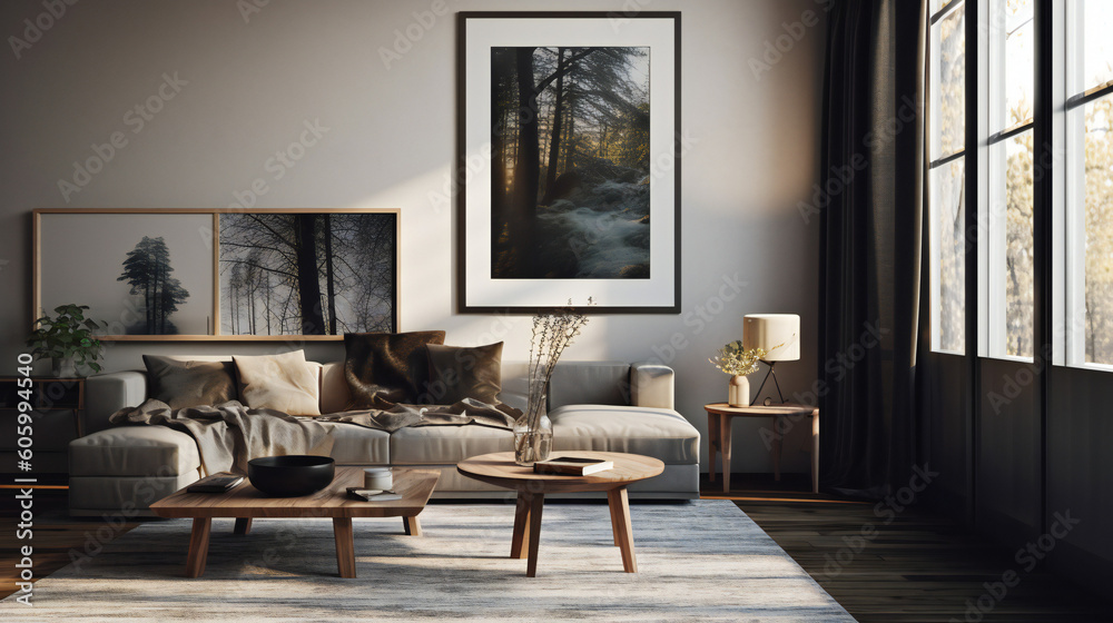 Fototapeta premium Modern Interior Design with Mockup Frame Poster, 3D Render, 3D Illustration