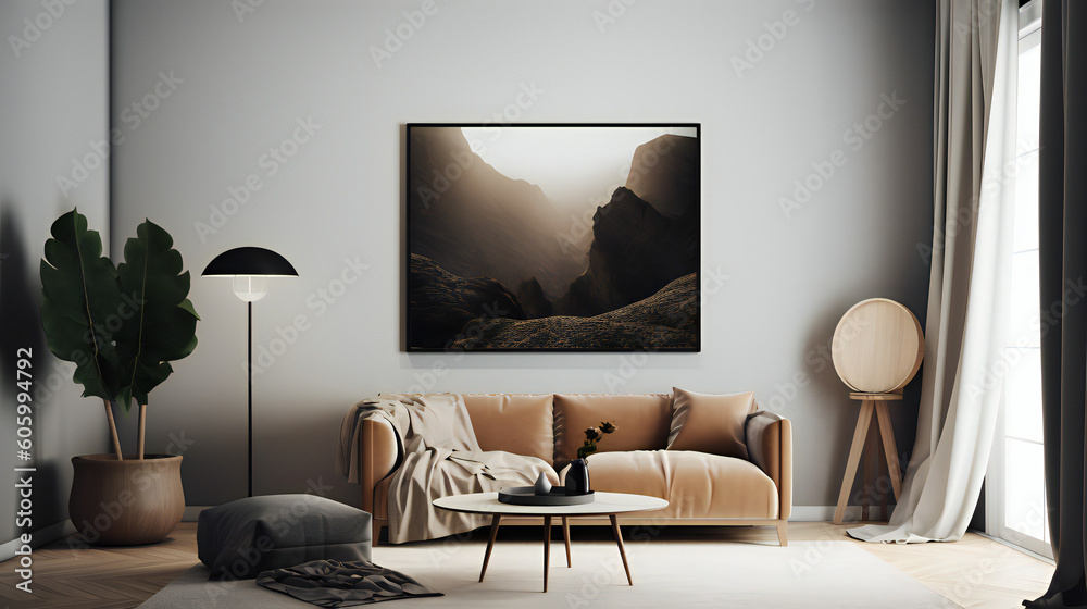Modern Interior Design with Mockup Frame Poster, 3D Render, 3D Illustration Modern Interior Design with Mockup Frame Poster, 3D Render, 3D Illustration