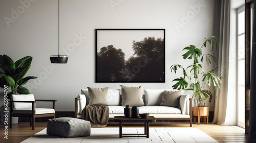 Modern Interior Design with Mockup Frame Poster, 3D Render, 3D Illustration © Roman P.