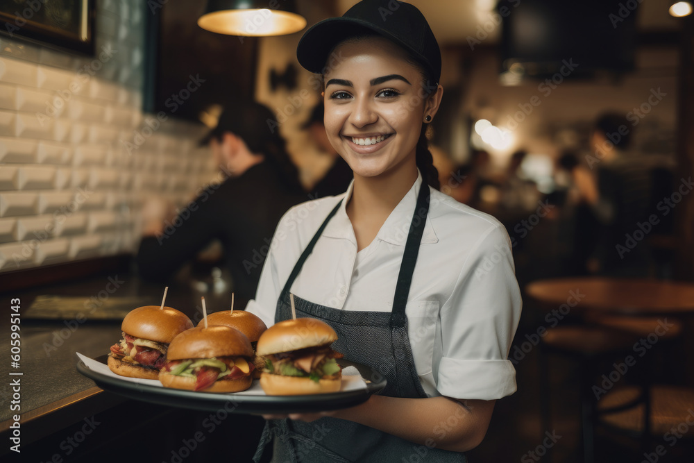 Happy latin waitress holding burgers at restaurant. Generative AI. - obrazy, fototapety, plakaty 