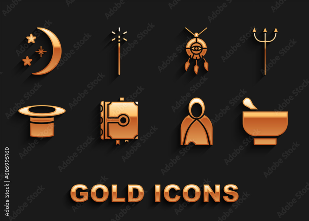 Set Ancient magic book, Neptune Trident, Magic mortar and pestle, Mantle, cloak, cape, Magician hat, Dream catcher with feathers, Moon stars and wand icon. Vector Set Ancient magic book, Neptune Trident, Magic mortar and pestle, Mantle, cloak, cape, Magician hat, Dream catcher with feathers, Moon stars and wand icon. Vector