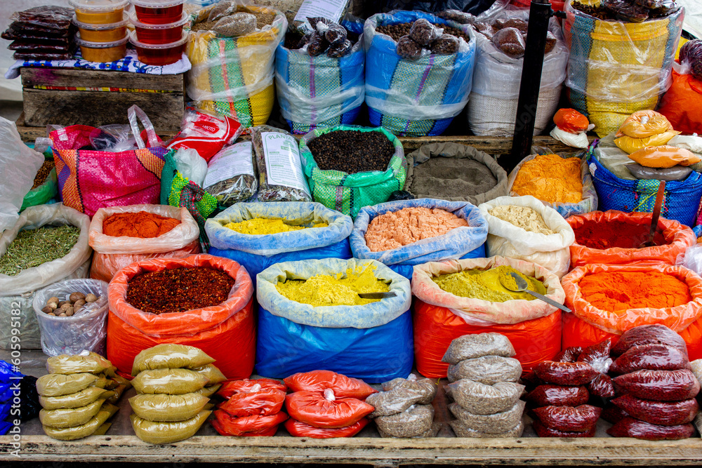 Fototapeta premium Bags of colourful, colorful spices in Otavalo market, Ecuador