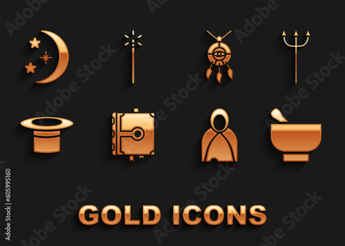 Set Ancient magic book, Neptune Trident, Magic mortar and pestle, Mantle, cloak, cape, Magician hat, Dream catcher with feathers, Moon stars and wand icon. Vector