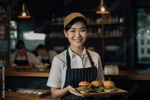 Happy asian waitress holding burgers at restaurant. Generative AI.