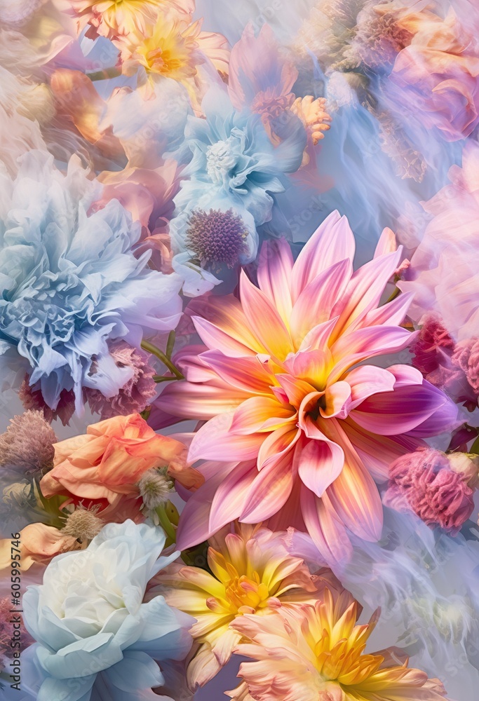 A bunch of colorful flowers that are in the air. Spring time blooming fresh flowers with blue air coming out of it. Generated AI. A bunch of colorful flowers that are in the air. Spring time blooming fresh flowers with blue air coming out of it. Generated AI.