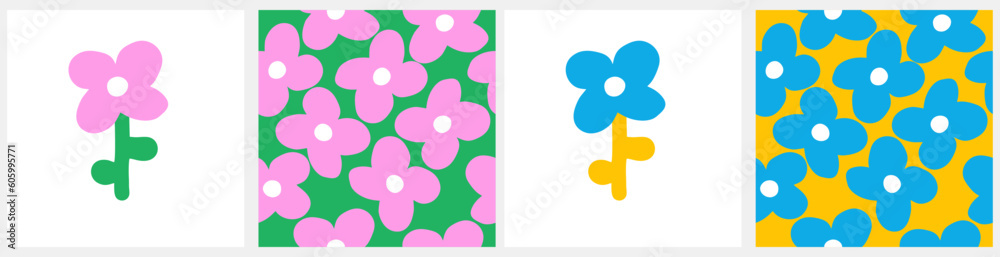 Hand Drawn Irregular Floral Seamless Vector Pattern. Blue i Pink Flowers on a White, Green and Yellow Background. Simple Abstract Garden Repeatable Design. Trendy Floral Endless Print. RGB Colors. Hand Drawn Irregular Floral Seamless Vector Pattern. Blue i Pink Flowers on a White, Green and Yellow Background. Simple Abstract Garden Repeatable Design. Trendy Floral Endless Print. RGB Colors.
