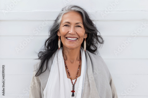 Older woman with grey hair standing in front of a white wall. Generative AI.