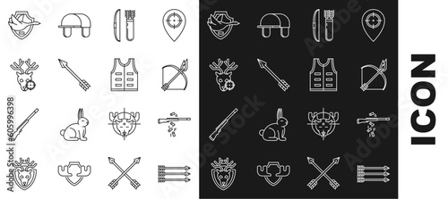 Set line Hipster arrows, Gun shooting, Bow and fire, quiver, Hunt on deer with crosshairs, Flying duck shield and Hunting jacket icon. Vector