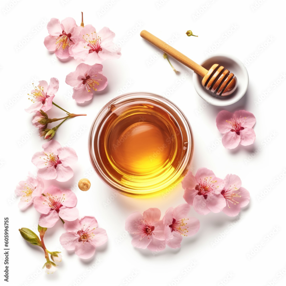 honey and flowers, honey in glass bottle, pink cherry blossom flowers on white table by generative AI. honey and flowers, honey in glass bottle, pink cherry blossom flowers on white table by generative AI.