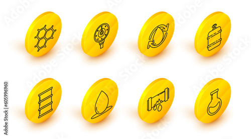 Set line Test tube and flask, Broken metal pipe with leaking water, Oil drop, Barrel oil, Propane gas tank, Motor gauge and Chemical formula consisting of benzene rings icon. Vector