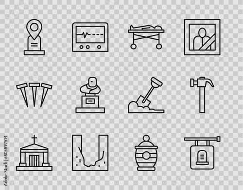 Set line Old crypt, Signboard tombstone, Dead body in the morgue, Cemetery digged grave hole, Location, Grave with, Funeral urn and Hammer icon. Vector