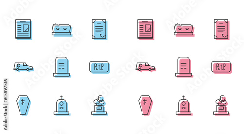 Set line Coffin with cross, Grave tombstone, Obituaries, Speech bubble rip death, Hearse car and dead icon. Vector