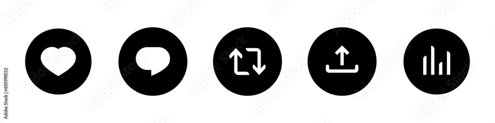 Like, comment, repost, share, statistics button icons at social media. Interaction buttons at social media. Vector icon set. Like, comment, repost, share, statistics button icons at social media. Interaction buttons at social media. Vector icon set.
