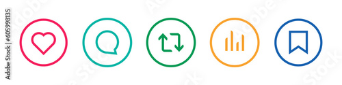 Social media buttons for interaction. Like, comment, repost, statistics, save icons. Vector set.