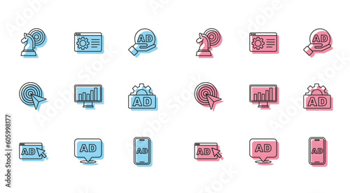 Set line Advertising, Chess, Monitor with graph chart, Target and Browser setting icon. Vector