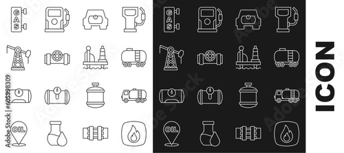 Set line Fire flame, Tanker truck, Oil railway cistern, Gas tank for vehicle, Metallic pipes and valve, pump pump jack, filling station and platform the sea icon. Vector