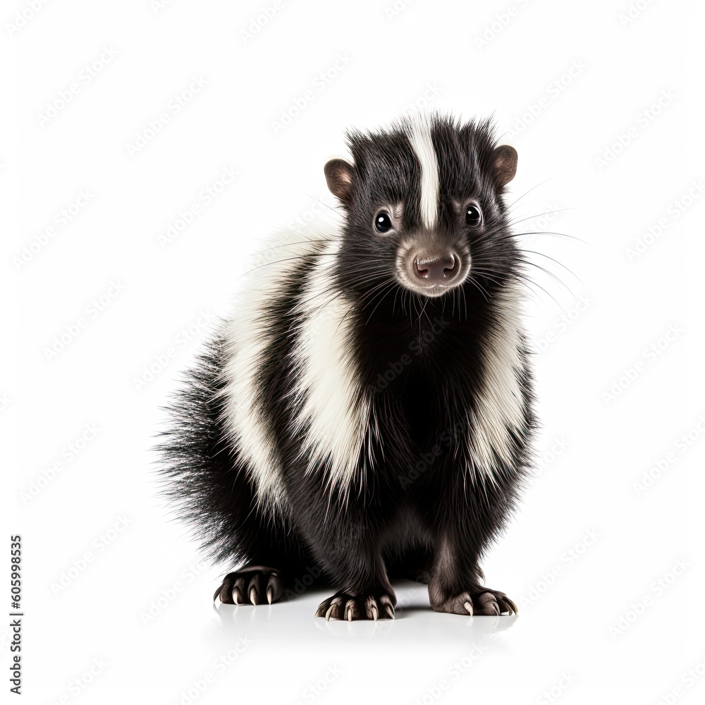 Cute classic black with white stripe young skunk aka Mephitis mephitis, walking side ways. Head up looking straight ahead with tail high up. Isolated on a white background. Generative AI Cute classic black with white stripe young skunk aka Mephitis mephitis, walking side ways. Head up looking straight ahead with tail high up. Isolated on a white background. Generative AI