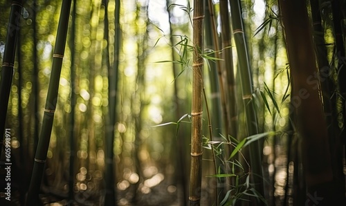 A peaceful view of bamboo trees in a forest with a blurred background. Creating using generative AI tools