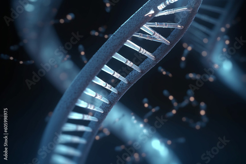 Medicine, science and sci-fi concept. Close-up illustrative view of human DNA double helix or spiral background. Generative AI