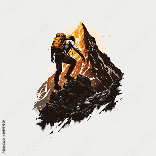 A hiker with a backpack climbs up the mountain. vector illustration.