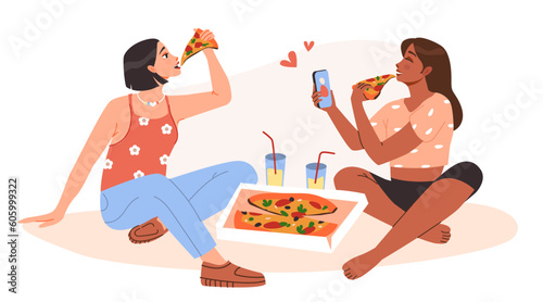 Female girlfriends eat pizza together and take pictures. Best friends. Teenage girls of different races. Cartoon flat vector illustration