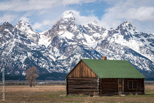 Cabin in front of Grand Tetons