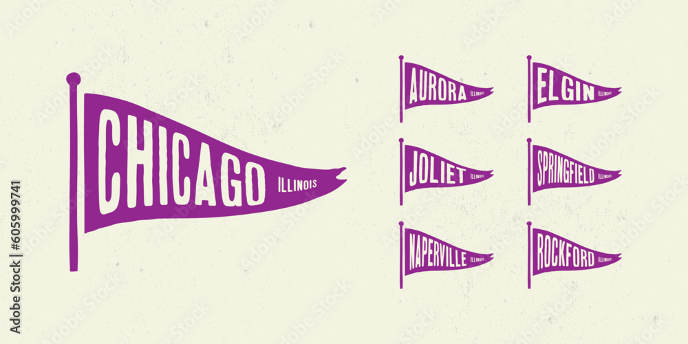 Naklejka premium Set flag graphic. Old vintage trendy flag with city of Illinois state. Vintage banner with ribbon flag.