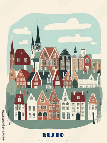 Rusko: Beautiful vintage-styled poster of with a city and the name Rusko in Varsinais-Suomi