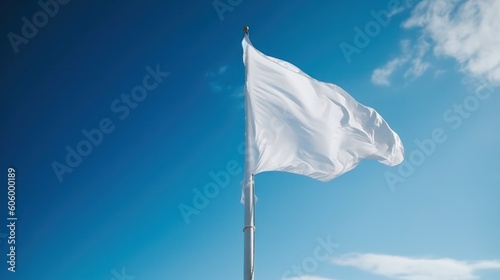 white waving flag against a blue sky with clouds. Generative AI