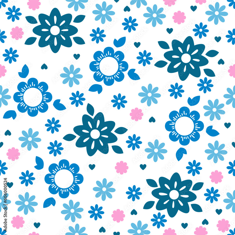 Vector seamless floral pattern in blue and pink tones. Flowers on a white background. Summer or spring background. Great for wallpaper design, clothing, textile printing, wrapping paper