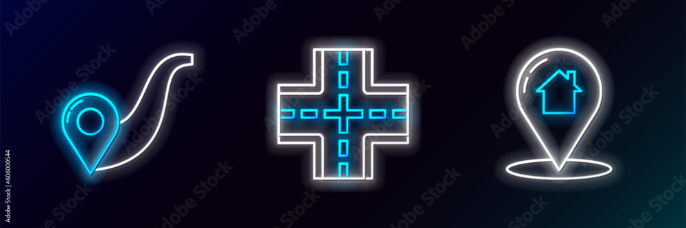 Set line Map pointer with house, Route location and Road traffic sign icon. Glowing neon. Vector Set line Map pointer with house, Route location and Road traffic sign icon. Glowing neon. Vector
