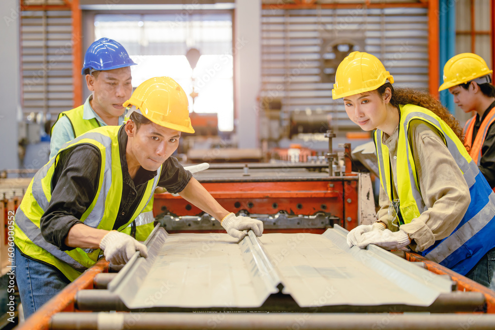 Asian Worker people working in Metal sheet manufactory help to work together as teamwork. Asian Worker people working in Metal sheet manufactory help to work together as teamwork.