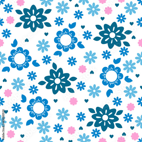Vector seamless floral pattern in blue and pink tones. Flowers on a white background. Summer or spring background. Great for wallpaper design  clothing  textile printing  wrapping paper