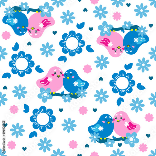 Vector seamless pattern with a couple of cute birds sitting on a branch and flowers. Summer or spring background. Great for wallpaper design  clothing  textile printing  wrapping paper