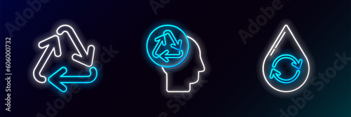 Set line Recycle clean aqua, symbol and Human head with recycle icon. Glowing neon. Vector