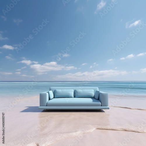 Modern minimalistic light blue sofa in the middle of the ocean. Concept of comfortable sofa. Created with generative AI. © s1llu