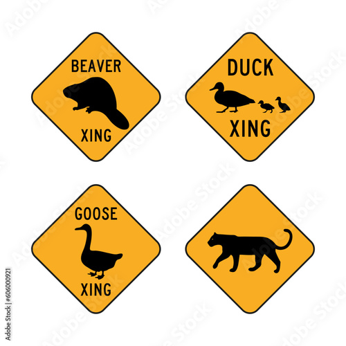 Set funny yellow road sign. Beaver, duck, goose, panther crossing. 