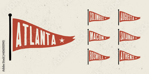 Set flag graphic. Old vintage trendy flag with city of Georgia state. Vintage banner with ribbon flag.