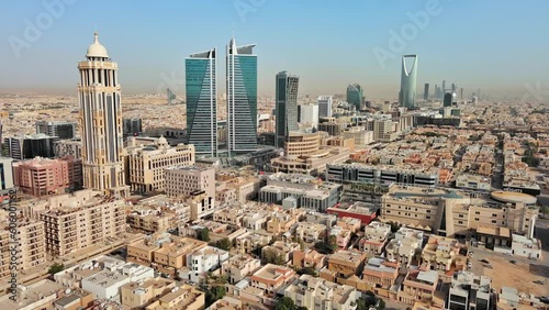 Riyadh: Aerial view of capital city of Saudi Arabia, modern city skyline, Al Olaya financial district with skyscrapers - landscape panorama of Arabian Peninsula from above photo