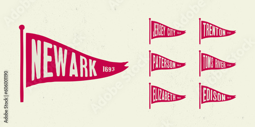 Set flag graphic. Old vintage trendy flag with city of New Jersey state. Vintage banner with ribbon flag.