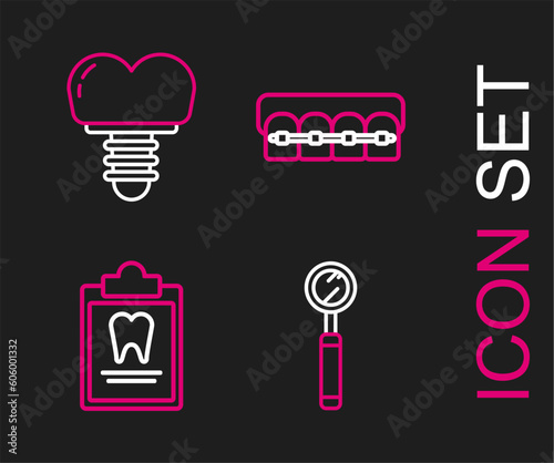 Set line Dental inspection mirror, Clipboard with dental card, Teeth braces and implant icon. Vector