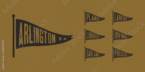 Set flag graphic. Old vintage trendy flag with city of Texas state. Vintage banner with ribbon flag. photo