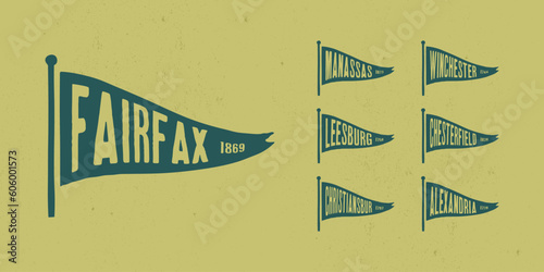 Set flag graphic. Old vintage trendy flag with city of Virginia state. Vintage banner with ribbon flag.