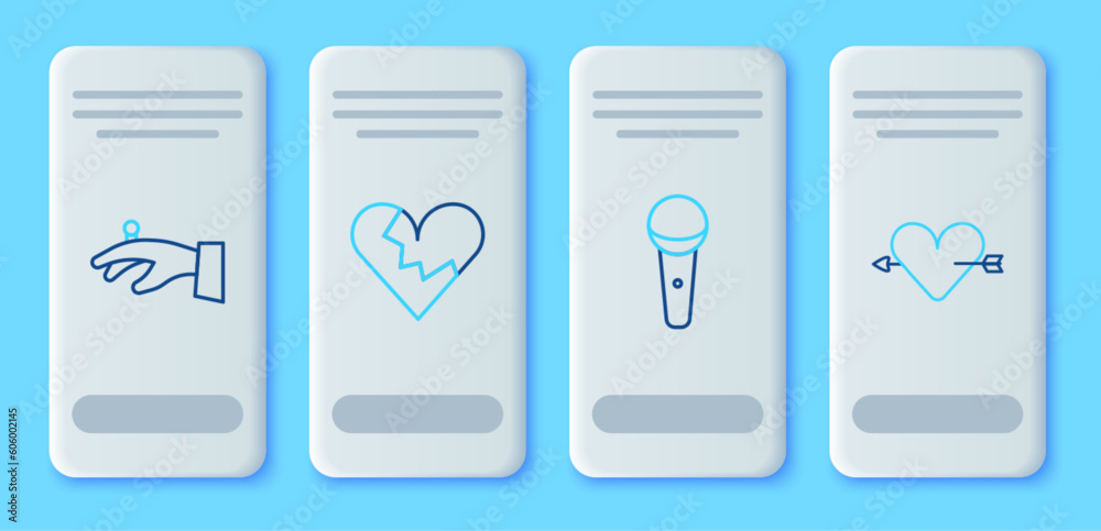 Set line Broken heart or divorce, Microphone, Wedding rings hand and Amour with arrow icon. Vector