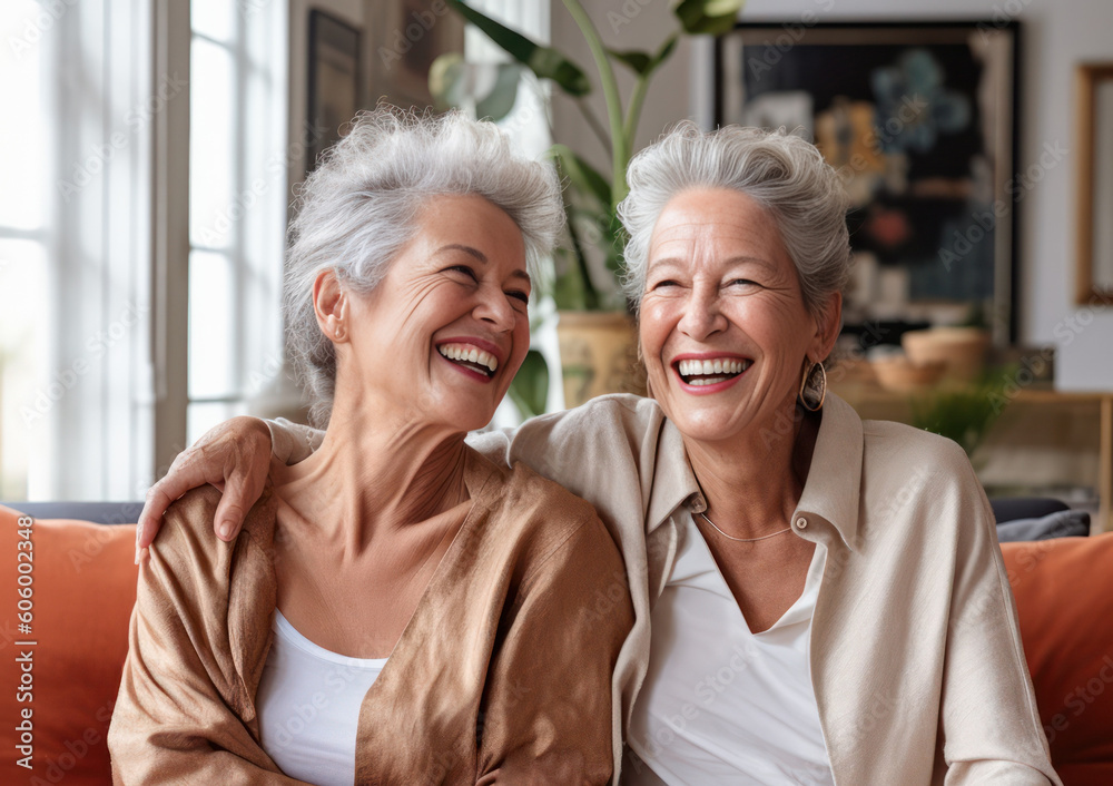 Portrait of an elderly women in a cozy home hug, radiating joy.