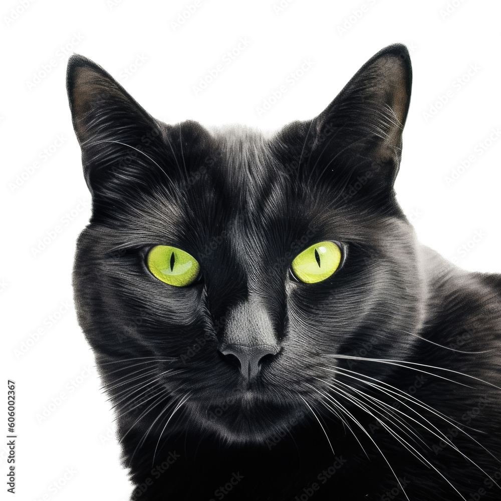 a Black cat with emerald green eyes, portrait, stealthily pet, piercing eyes, Pet-themed, photorealistic illustrations in a PNG, cutout, and isolated. Generative AI a Black cat with emerald green eyes, portrait, stealthily pet, piercing eyes, Pet-themed, photorealistic illustrations in a PNG, cutout, and isolated. Generative AI