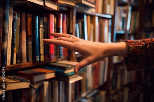 a woman's hand reaches for a book in a library or bookstore. Cozy book background. Generative AI